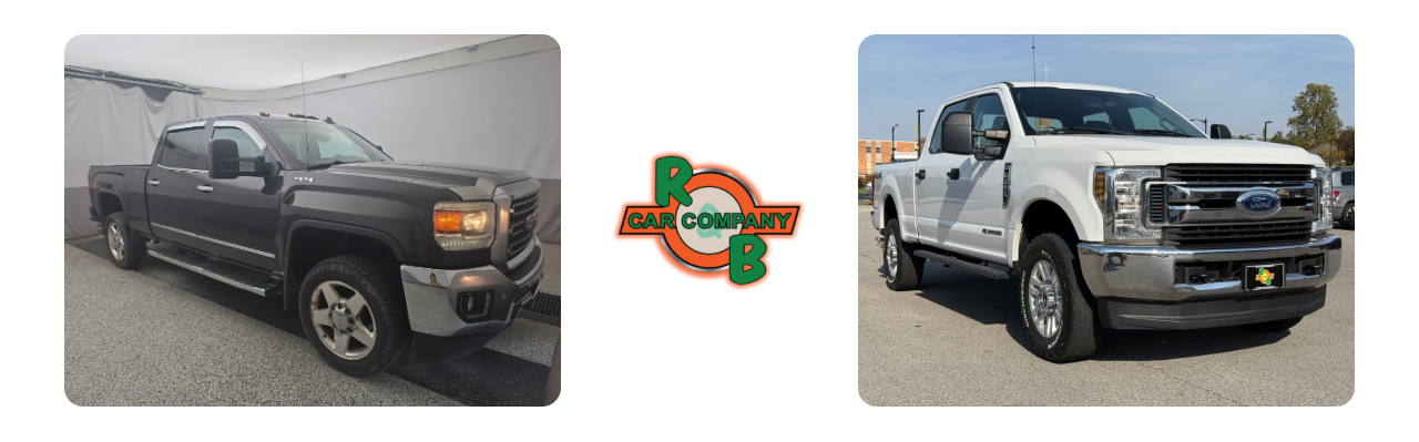 Photo of R&B Car Company dealership showcasing a variety of diesel trucks available for sale near Elkhart, IN.